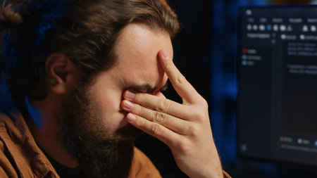 Disappointed computer scientist puzzled after being unable to remove all bugs while coding on workstation desktop. Teleworking IT specialist confused by troubling script errors, camera A close upの写真素材