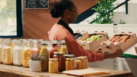 Seller arranging fruits and vegetables in crates on market shelves, preparing merchandise at grocery store before opening doors. African american vendor organizing organic produce on display.の写真素材