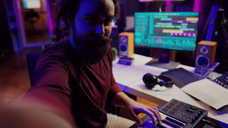 POV of musician playing on synthesizer for online piano lessons in his home studio. Singer...
