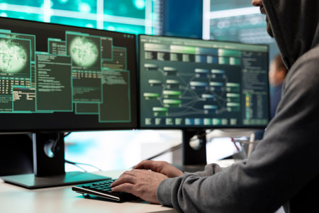 Cyber intelligence team of experts in a governmental hacking room, implementing ways to protect...