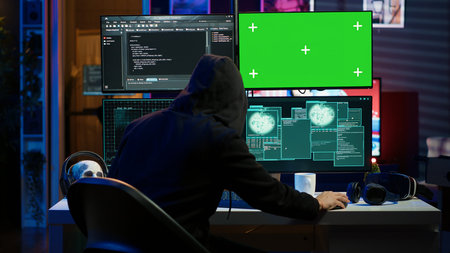 Cybercriminal hacking using green screen PC and getting critical error while trying to steal credit card information. Hacker runs code on mockup computer display, failing to breach firewall, camera Aの写真素材