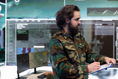 Special operations officer allocating resources based on mission needs, examining strategic data infographics on papers. Military specialist does research for battlefield signal support systems.の写真素材