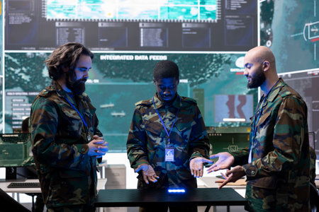 Team of diverse troopers collecting intelligence in a power base, studying CCTV footage on a hologram projection to aid infantry units in the field. Trained soldiers study real time data.の写真素材