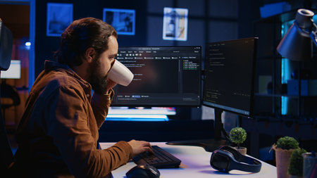 Stressed engineer feeling pressed by deadline, thinking how to finish developing code on PC. IT specialist brainstorming ways of solving database errors, working hard, drinking coffee, camera Bの写真素材