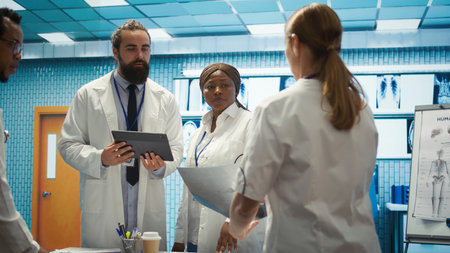 Physician and nurses reviewing medical charts and test results, aiming to deliver the best care in a hospital environment. Diverse medics consulting healthcare records for control. Camera B.の写真素材
