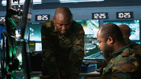 Military agents in war room look at intel folder files on enemy battle formation. Intelligence...