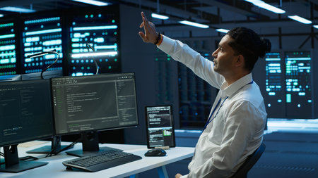 Admin in data center using augmented reality technology to ensure system can handle networking...
