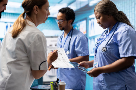 Hospital staff reviews human anatomy and give the correct diagnostic in a medical office meeting. Group of experts ensures accurate treatment service for disease prevention, radiology department.の写真素材