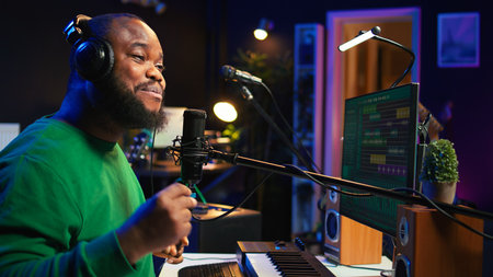 Confident artist singer performing a song on microphone in home studio, recording his audio files...