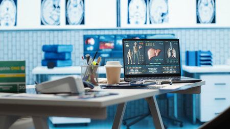 Empty doctor office featuring modern medical equipment, ready for the next patient consultation. Highlighting advanced diagnostics, healthcare services and patient care management.の写真素材
