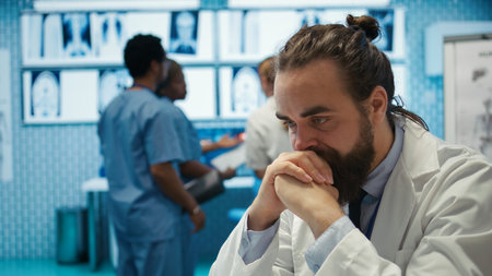 Worried doctor feeling tired and struggling with analytics for a diagnosis, overworked medic under...
