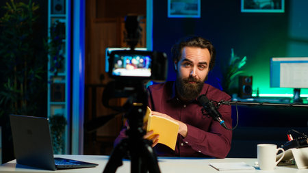 Online show host reading and recommending best reviewed books of the year. Content creator in studio doing novel summaries for interested readers, speaking in professional mic, camera Aの写真素材