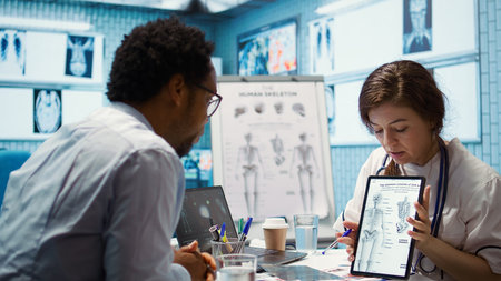 Doctor and patient engage in a discussion about diagnostic results, providing professional...