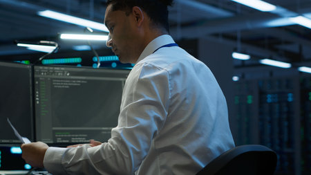 Admin in data center maintaining accurate documentation of infrastructure, configurations and procedures, generating reports. Server room employee doing workspace disaster recovery planning, camera Aの写真素材