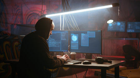 Hacker using high tech computer system to run malicious code in foggy dark basement. Rogue...