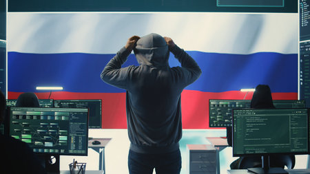 Russian hacker with a hood installing panic by misconception and manipulation, working in governmental cyber operations room. Impact of fake news and ideology propaganda in a hybrid war. Camera B.の写真素材