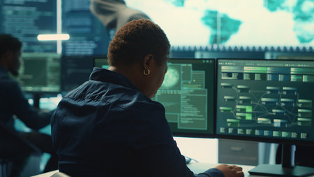 Cyber security expert working on encryption and IT security in a governmental agency. Woman engaging...