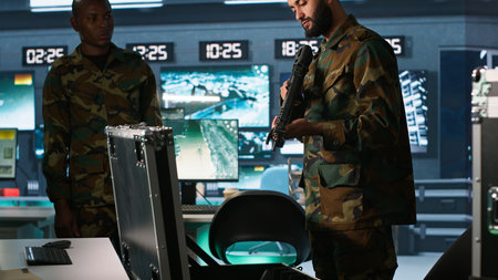 Army soldiers in command center packing weapons able to engage targets at extended range. Military units reloading gun cartridge, preparing for enemy assault mission, camera Aの写真素材