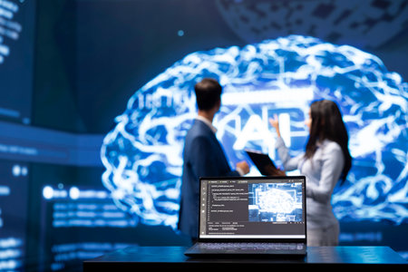 Focus on laptop in workplace used by AI researchers working with artificial intelligence in blurry background. Close up of notebook used by workers developing AI systems in tech startupの写真素材