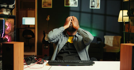 Upset african american man frustrated after losing online competitive multiplayer match playing on...