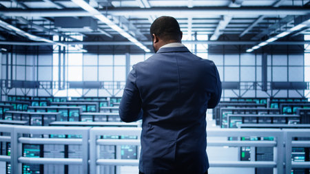Technician monitoring server room supercomputers, doing checkup, inputting data on tablet of needed...