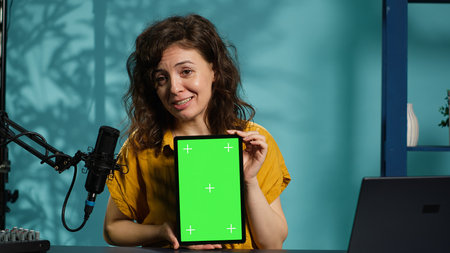 Jolly woman filming tech tutorial on how to repair damaged mockup tablet. Joyous tech professional in home studio teaching subscribers to install operating system on isolated screen device, camera Aの写真素材