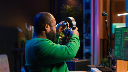 Music composer adding tracks as sound effects for a new song, recording sounds on electronic piano synthesizer. Songwriter audio technician editing and mixing tunes on software. Camera A.の写真素材