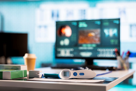 Empty medical cabinet featuring modern equipment and vitamins, ready for the next patient examination. Space used to provide advanced diagnostics, healthcare services check up management.の写真素材