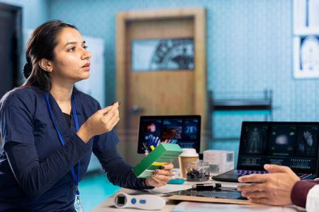 Medical expert offering prescription drugs and supplements to sick patient, helping with medicaments and painkillers to relieve pain and disease. Doctor recommending pills in cabinet.の写真素材