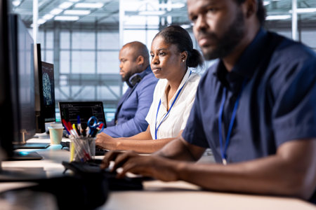 Team of data center engineers creating technical documentation for software applications. African american computer scientists working in server hub, maintaining databasesの写真素材