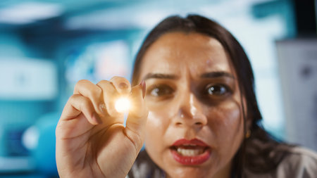 Ophthalmology check up in cabinet with an indian specialist. Professional optometrist provides eye exam consultation, using ophthalmoscope and tools to discuss eyesight and results. Camera B.の写真素材