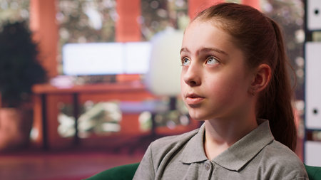 Teenage girl discussing her mental health in counseling session, dealing with hormonal shifts and...