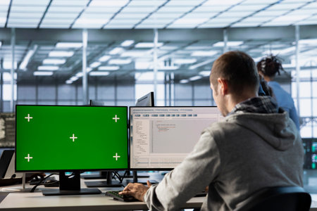 Software developer using isolated screen PC to do programming in server room providing computing resources for workloads. IT expert supervising data center supercomputers using mockup computerの写真素材