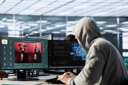 Engineer in data center making generative artificial intelligence website generating videos using diffusion model algorithms. Hooded man coding AI virtual assistant producing clipsの写真素材