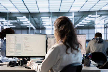 Technician in server hub ensuring valuable data remains shielded from potential threats using PC. Employee safeguarding data center against unauthorized access and vulnerabilitiesの写真素材