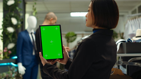 Female store employee showing isolated copy space display on tablet, preparing the new collection merchandise for customers and for retail therapy. Fashion inspiration for personal style.の写真素材