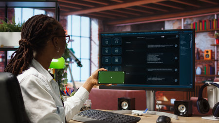Woman seated at desk using isolated screen mobile phone to follow tutorial on AI LLM chatbot...