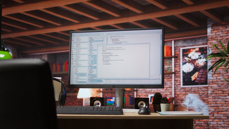 Programming code executing software UI on computer monitor in apartment office. Close up of coding application on PC screen used to write and test code in modern apartment, jib down shotの写真素材