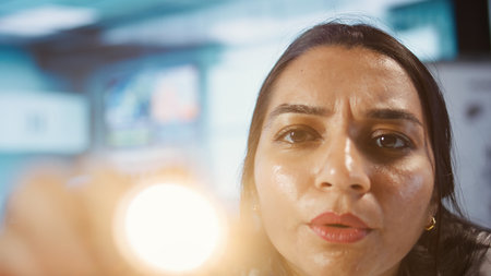 Optometrist examining eyesight with diagnostic tools for a male patient. Healthcare provider conducts vision test, consulting on eye care treatment and prescription options.の写真素材