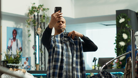 Male customer in a mall shop explores clothing options on video call, showing apparel choices to his...