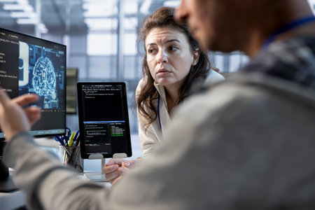 Engineer working with colleague on computer in artificial intelligence data center establishment monitoring hardware energy consumption. Team of AI technicians using PC to check for system failuresの写真素材