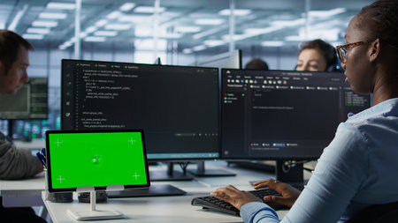 Isolated screen tablet in front of IT support workers coding on computers, upgrading equipment. Engineers at PC desk overseeing server clusters using chroma key device, camera Bの写真素材