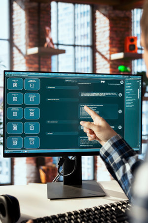 Remote employee seated at desk getting help from AI LLM chatbot software in home office. Man...
