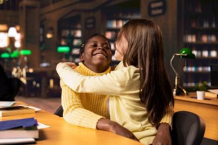 Diverse girls having fun and discussing about school assignments, feeling happy and laughing together in the library. Scholars friends taking a break from learning, cute friendship.の写真素材