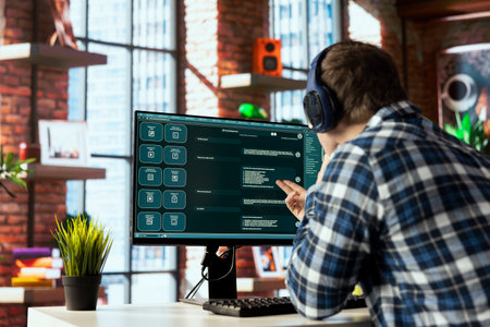 Person listening music uses large language model generative AI chatbot engaging in humanlike interactions. Man wearing headphones solves tasks with artificial intelligence LLM handling user requestsの写真素材