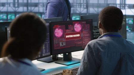 Cybersecurity team monitoring security incidents, working together to protect infrastructure from...