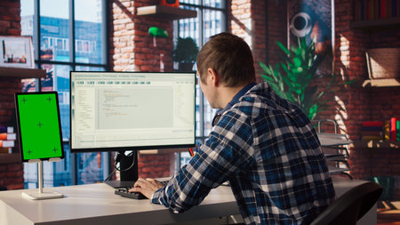 Software engineer at computer coding, creating software using isolated screen tablet. IT specialist...