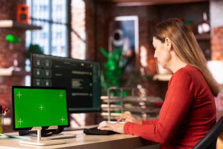 Adult working with a digital AI chatbot system next to copy space at home, doing remote work. Artificial intelligence powered interface simplifies communication and increases efficiency.の写真素材