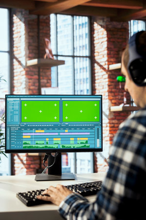 Video editor selecting key frames to use while doing video montage, working from home on chroma key...