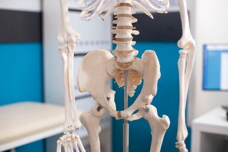 Closeup of human skeleton pelvis and arms, set in empty doctor office with bed, cabinet and desktop pc in preparation for orthopedic examination. Skeletal structure with focus on lower body in clinic.の写真素材